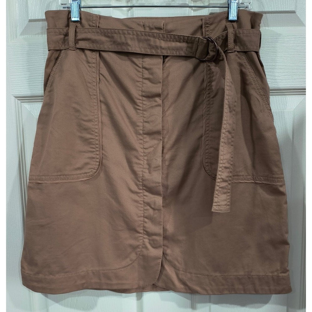 LOFT Womens Khaki Brown Belted Paperbag Waist Skirt Sz 10 Cotton Stretch Pockets